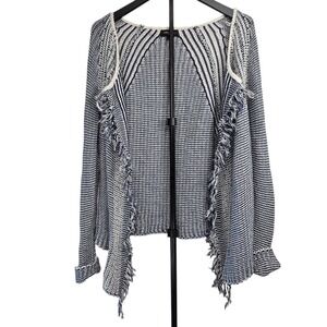 Colour Works Womens M Blue White Cardigan Wrap Fringe‎ Detail Linen Blend